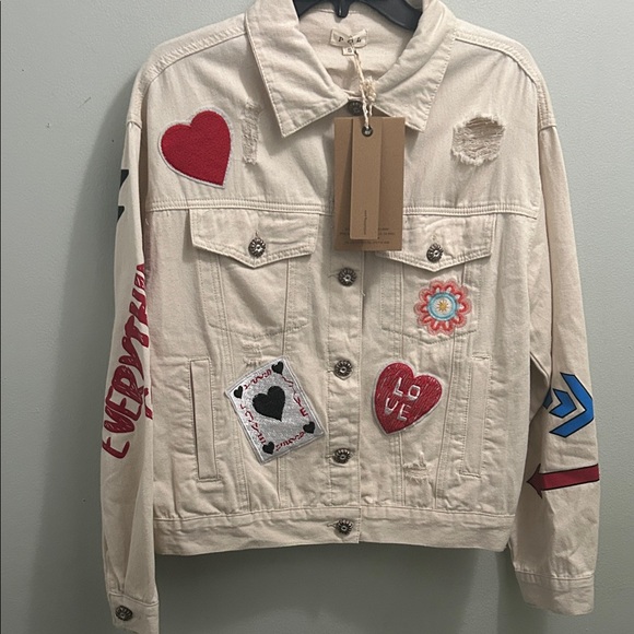 POL Cream Denim Jacket with Red and Blue Patches - Picture 7 of 12